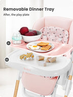 Foldable High Chair with Soft Cushion, High Chairs for Babies and Toddlers, Height Adjustable Feeding Chair, Adjustable Backrest and Footrest, Lockable Wheels, Woodgrain Star Pink