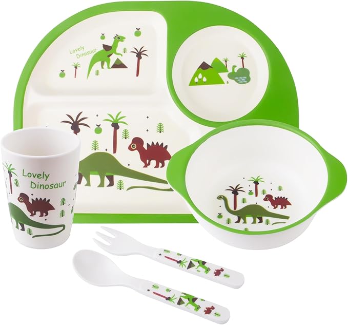 Kids Feeding Set 5 Pcs, Dinosaur Tableware Set for Toddlers, Includes Plate, Bowl, Cup, Fork & Spoon, BPA Free, Multicolor (Green, Brown, Orange), Dishwasher Safe