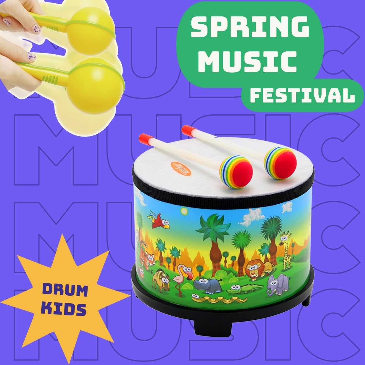 Floor Tom Drum for Kids 8-inch Percussion Instrument Music Drum with 2 Mallets and Color Maracas for Baby Children Special Christmas Birthday Toy Gift