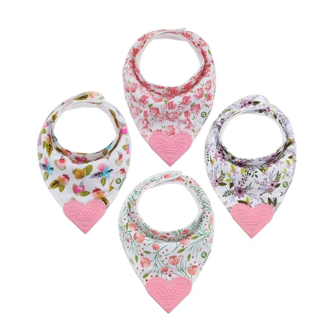 Pickle & Olive Baby Bandana Teething Bibs with Attached Teether- Set of 4 - Floral