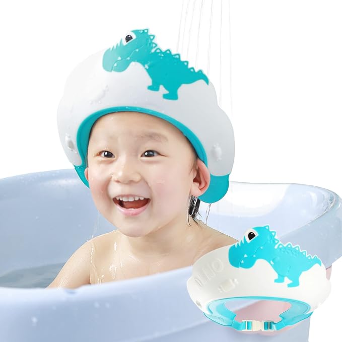 Shower Cap for Kids, Baby Toddler Hair Washing Shield, Visor Hat for Eyes and Ears Protection for 0-9 Years Old Children, Cute shape Shampoo Cap Makes the Baby Bath More Fun (Dinosaur, Blue)