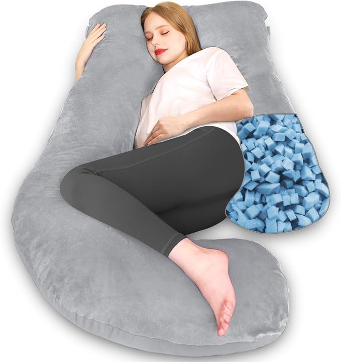 Chilling Home Memory Foam Pregnancy Pillow, J Shape Pregnancy Pillows for Sleeping, Body Pillow for Adults, Maternity Pillow for Pregnant Women, with Velvet Removable Cover, Light Grey