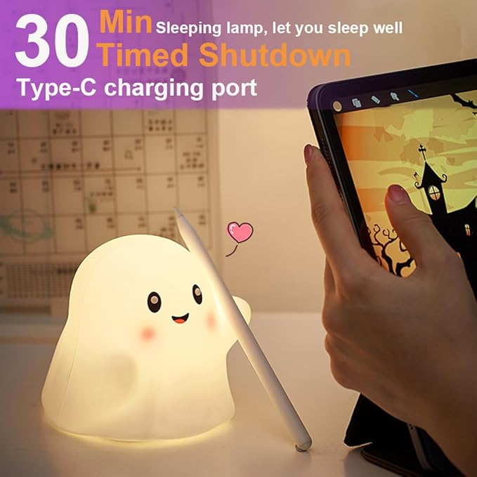 Ghost Night Light for Kids, Silicone Nursery Nightlight with 13 Interactive Sound Effects ,Halloween Decor Lamp Adjustable Dimmable Lamp with Touch Sensor Children's Christmas Gifts (white ghost)