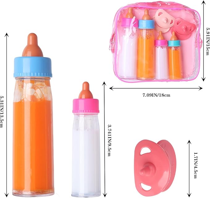 Baby Doll Bottles Accessories Set for Toddlers, 2 Milk Bottle 2 Juice Bottles and 2 Toy Pacifier (Red)