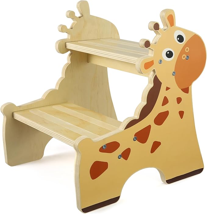Toddler Step Stool, 2-Step Wooden Step Stool for Toddlers with Non-Slip Base, Cute Printed Design Potty Training Stool for Bathroom Sink, Kitchen & Bedroom (Giraffe)