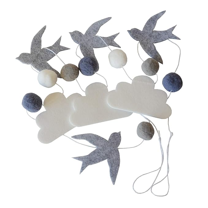 Sorrel + Fern Baby Crib Mobile - Birds in The Clouds w/Garland - Nursery Decor for Boys & Girls