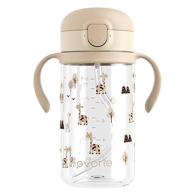 Evorie Tritan Spill Proof Toddler Straw Sippy Cup, 10 oz for Baby and Toddlers 1-3 Years Old, No Spill Straw Water Bottle with Removable Handles, Ideal for School, BPA-Free, Giraffe (NEW)