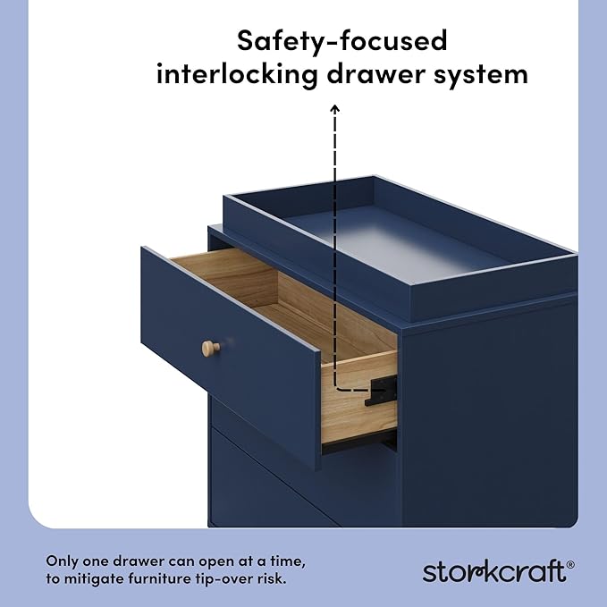 Storkcraft California 3-Drawer Chest with Removable Changing Topper (Midnight Blue with Driftwood) – GREENGUARD Gold Certified, Interlocking Drawer System, Pre-Installed Tracks, Easy Assembly