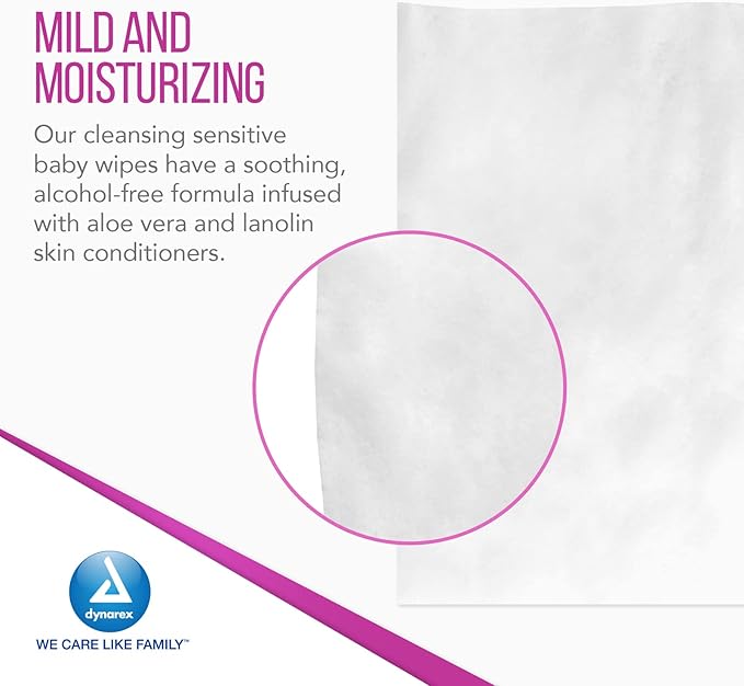 Dynarex Baby Wipes - Non-Alcohol Wipes for Babies with Lanolin & Aloe to Moisturize Skin - Sticker-Sealed Soft Pack - Unscented - 7x8", 80 Wet Wipes per Pack, 24 per Case