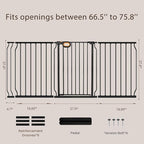 owlie 37.4" Extra Tall Wide Baby Gate for Stairs Doorways,66-75 Inch Extra Large Long Baby Gate with Door Indoor Safety Metal Pressure Mounted Pet Gate with Walk-Thru Auto Close, Black