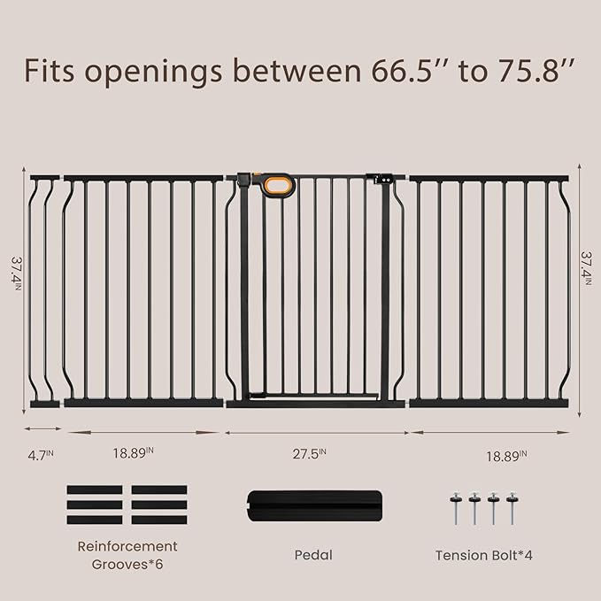 owlie 37.4" Extra Tall Wide Baby Gate for Stairs Doorways,66-75 Inch Extra Large Long Baby Gate with Door Indoor Safety Metal Pressure Mounted Pet Gate with Walk-Thru Auto Close, Black