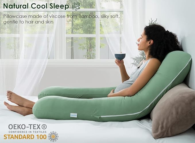 QUEEN ROSE Cooling Pregnancy Pillows, U Shaped Full Body Maternity Pillow for Pregnant Support, Rayon Derived from Bamboo, Buttery Soft, Super Breathable for Hot Sleeper, Green