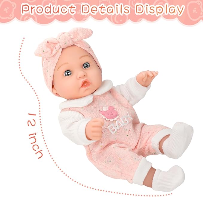 DONTNO 12'' Baby Doll in Gift Box with Pink Bear Pattern Clothes Accessories Playset,Pacifier,Feeding Bottle. Used for Gift Idea for Child Ages 3+