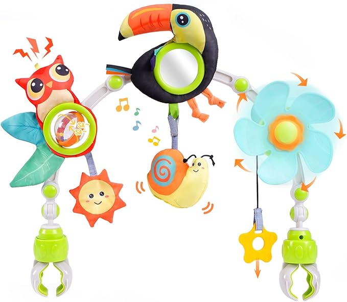 Koty Baby Stroller Arch Toy with Teether, Rattle, Crinkle Sound, Mirror & Music Box, Newborns Sensory Activity Carrier Take-Along Toy, Adjustable for Bouncers, Car Seat & Pram 0M+(Toucan)