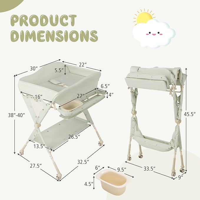 BABY JOY Portable Baby Changing Table, Foldable Diaper Changing Station w/Wheels, Adjustable Height, Large Storage Rack, Water Basin, Safety Belt, Mobile Nursery Organizer for Newborn Infant (Green)