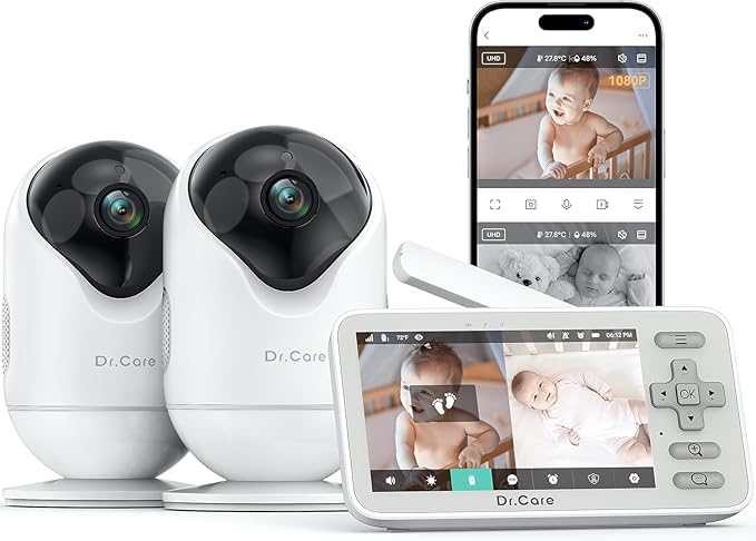 VistaView Lite Smart WiFi Baby Monitor with 2 Cameras- 4” 720P Split Screen & 1080P Camera App Control, Motion Alerts, Night Vision, 3000mAh Battery, 2-Way Talk, Triple Security, 1000ft Range