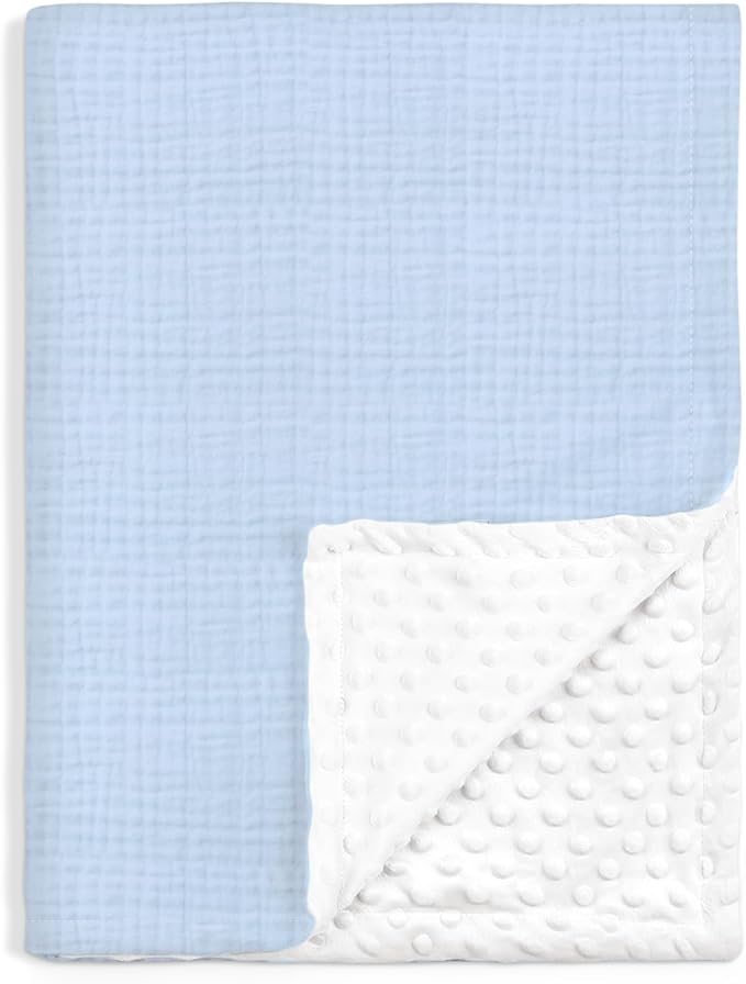 Baby Blankets for Boys, Soft Nursery Minky Blankets with Muslin and Dotted Fleece Back 30x40 inches, Receiving Bed Quilt for Newborn, Infants, Toddlers (Light Blue)