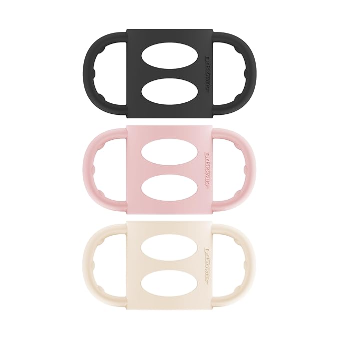 Dr. Brown's Narrow Baby Bottle Handles, 100% Silicone, Easy Grip Removable Handles for Bottle to Sippy Cup Transition, Black/Ecru/Pink, 3-Pack, 4m+