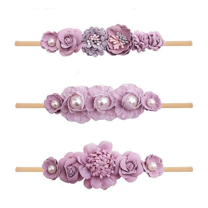 Baby Girl Nylon Headbands Flower Hair Bows Accessories-Elastic Hair Band Crown Handmade FLoral Wraps Birthday Gifts for Girls Newborn Infant Toddler 3Pcs