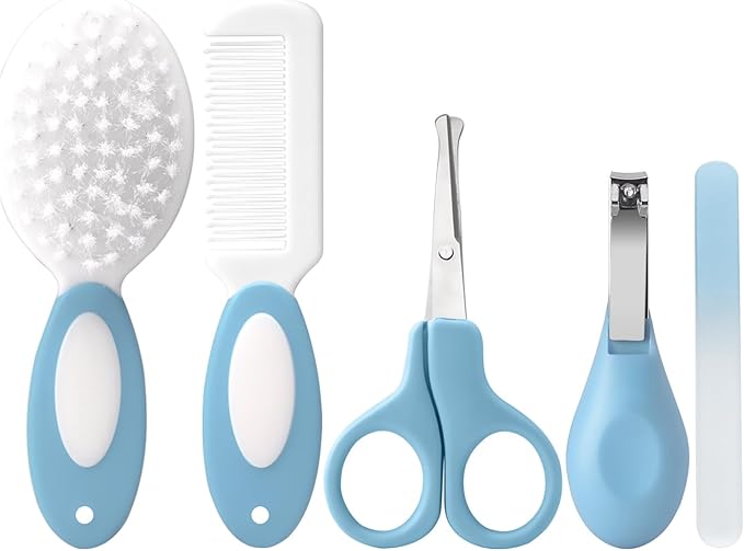 Baby Grooming Kit,Baby Health Care Kit,Baby Brush Soft Bristles 5 pcs Baby Nail Kit Nursery Care Kit Baby Hair Brush Hair Comb Nail Kit Safety Cutter Nail Clipper Set Blue