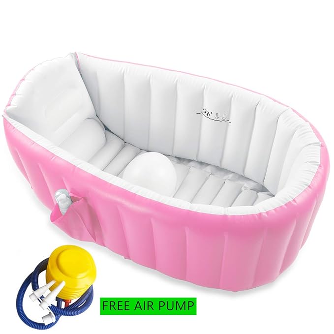 Inflatable Baby Bathtub, Portable Infant Toddler Bathing Tub Non Slip Travel Bathtub Mini Air Swimming Pool Kids Thick Foldable Shower Basin with Air Pump, Pink