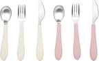 Kids Stainless Steel Utensils Set - Premium 18/8 Grade Silverware Kit - 2 Spoons, 2 Forks, and 2 Knives for Ages 4-7 - Silicone Easy-Grip Handles - Children Flatware Cutlery (Matte - Pink, Off White)