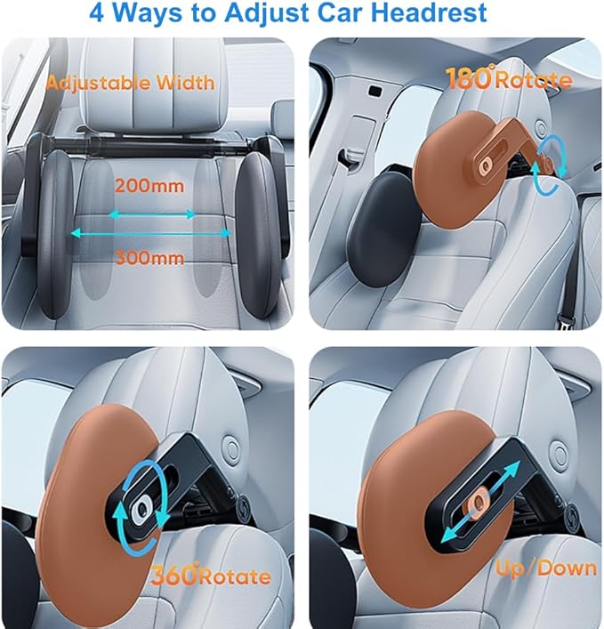 Car Headrest Pillow with Hook, Adjustable Car Seat Neck Support with Memory Foam & Ice Silk, 360° Rotating Travel Sleeping Headrest for Kids & Adults (1 Eye Mask Included)