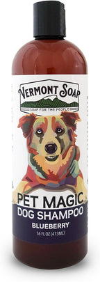 VERMONT SOAP Organics Pet Shampoo - Infused with Organic & Natural Olive Oil, Coconut & Aloe Vera Dog Shampoo for Sensitive Skin - USDA Certified Grooming Pet Shampoo - Blueberry (16oz)