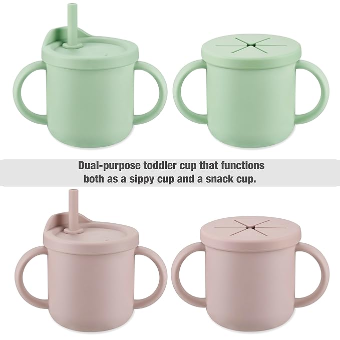 PandaEar 2 Pack Silicone Baby Straw & Snack Cup with 2 Spoons 2 Forks, Dual-Purpose Toddler Training Cups, Pink Green