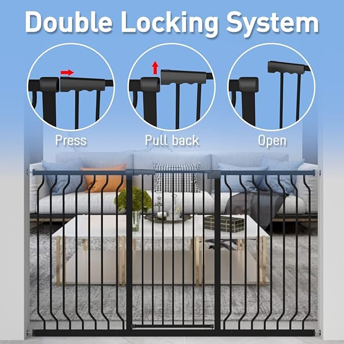 WAOWAO Extra Tall 40.55" Baby Gate 57.48-74.4" Wide Pressure Mounted Walk Through Swing Auto Close Safety Black Metal Toddler Child Dog Pet for Indoor Stairs,Doorways