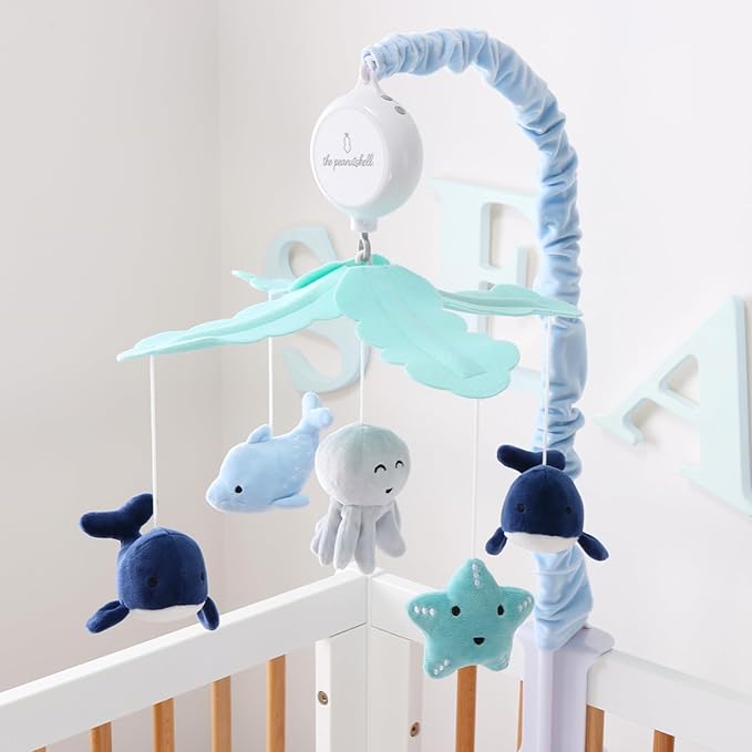 The Peanutshell Crib Mobile for Boys or Girls - Light and Dark Blue Musical Baby Crib Mobile with 12 Lullabies, Ocean Baby Nautical Nursery Decor