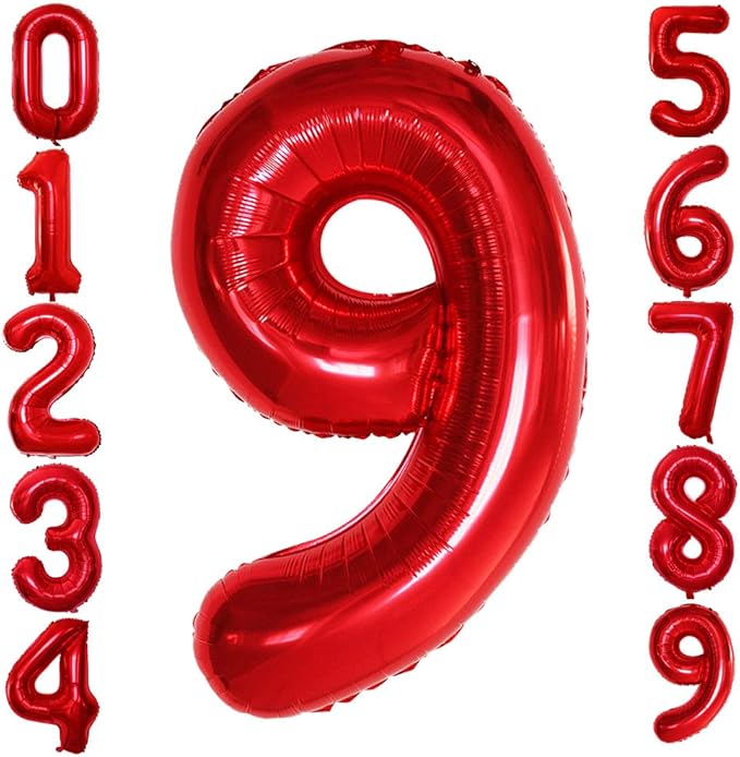GOER 2 Pcs 42 Inch Red Foil Balloons Number 9,Huge Number Balloons for 9th 99th Birthday Party Supplies Anniversary Decorations