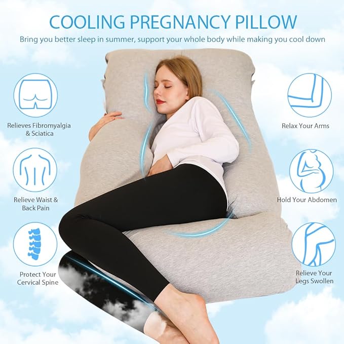 Chilling Home Pregnancy Pillow, Full Body Maternity Pillow for Pregnant Women, 63 inch Comfort U Shaped Pillow with Removable Washable Cover Cooling Jersey - Grey