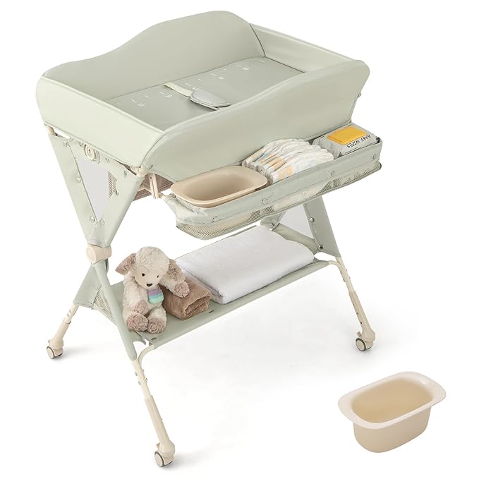 BABY JOY Portable Baby Changing Table, Foldable Diaper Changing Station w/Wheels, Adjustable Height, Large Storage Rack, Water Basin, Safety Belt, Mobile Nursery Organizer for Newborn Infant (Green)