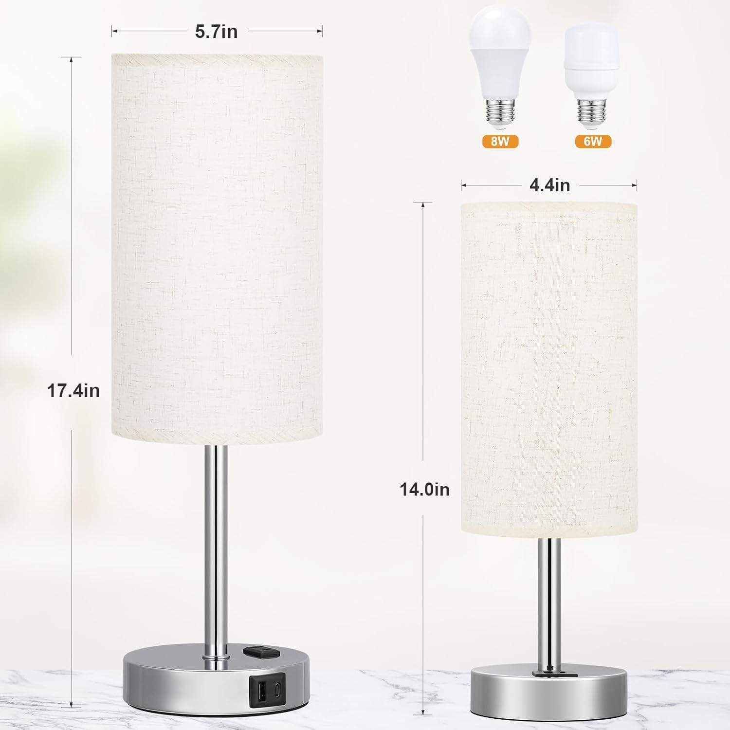 17.4Inch Bedside Touch Table Lamps for Bedroom Nightstand with USB-C USB-A Charging Ports White - 3 Way Dimmable Control Small Lamp Fabric Shade Silver Base for Office, Dorm Room, Living Room, Reading