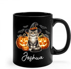 Customized Siberian Wearing Witch Hat Coffee Cup with Name, Personalized Siberian Cat Pumpkins Ceramic Mugs 11oz 15oz, Halloween Cat Cup Gift for Dad Mom Kid, Pet Owner Halloween Black Mug