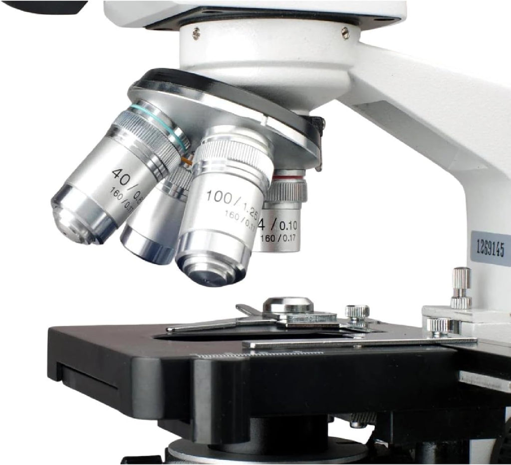 AmScope B120C-WM-PS100 Siedentopf Binocular Compound Microscope, 40X-2500X Magnification, Brightfield, LED Illumination, Abbe Condenser, Double-Layer Mechanical Stage, Includes Book and Set of 100 Prepared Slides