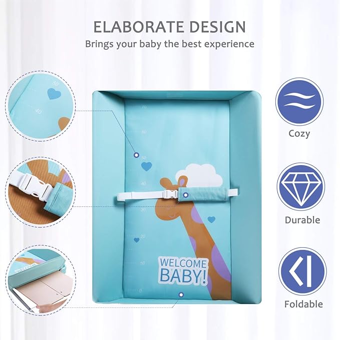 Baby Changing Table Portable Folding Diaper Changing Station with Wheels, Adjustable Height Mobile Nursery Organizer with Safety Belt and Large Storage Racks for Newborn Baby and Infant, Green