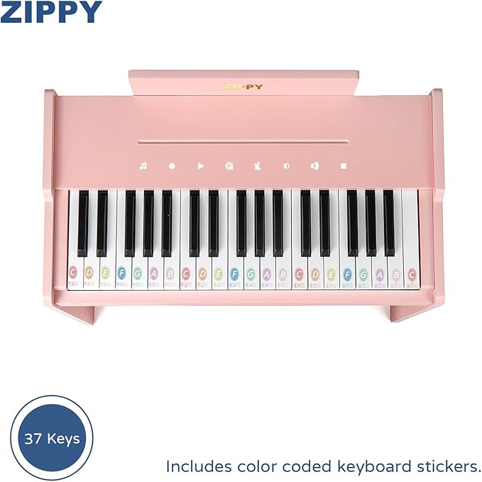 ZIPPY Kids Piano Keyboard, 37 Keys Digital Piano for Kids, Touch Sensitive Control Panel, Built-in Songs, Volume Adjustable, Music Educational Instrument, Wood Piano for 3+ Girls and Boys (Pink Plus)