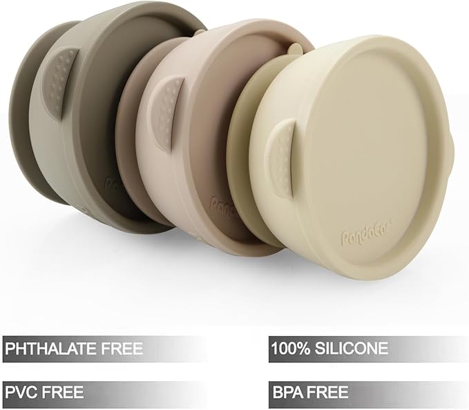PandaEar 3 Pack Baby Bowls with Suction| Leak-Proof Stay Put Silicone Food Bowl with Lids for Babies Kids Toddlers Infants| Food Grade Soft Safe BPA-Free Silicone (Linen Brown Tan)