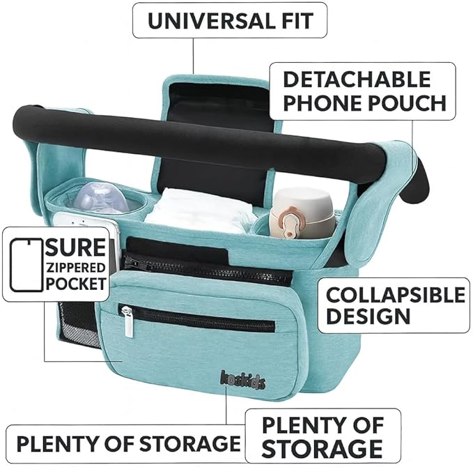 Universal Stroller Organizer with Insulated Cup Holder, Detachable Phone Bag, Shoulder Strap – Fits All Stroller Types, Keeps Drinks Hot/Cold (Blue)