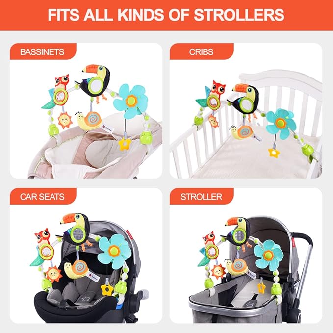 Koty Baby Stroller Arch Toy with Teether, Rattle, Crinkle Sound, Mirror & Music Box, Newborns Sensory Activity Carrier Take-Along Toy, Adjustable for Bouncers, Car Seat & Pram 0M+(Toucan)