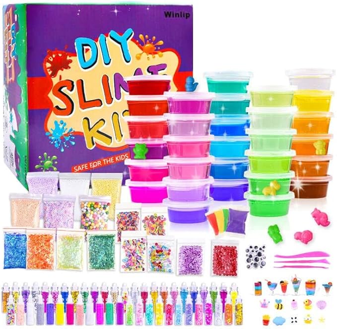 Slime Supplies Kit, 135 Pack Slime Making Kit 30 Crystal Slime, Glitter Jars, Charms, Sugar Paper, Foam Beads, Fishbowl Beads, Toy Cups, Slices, Air Dry Clay and Tools for Kids Girls by WINLIP