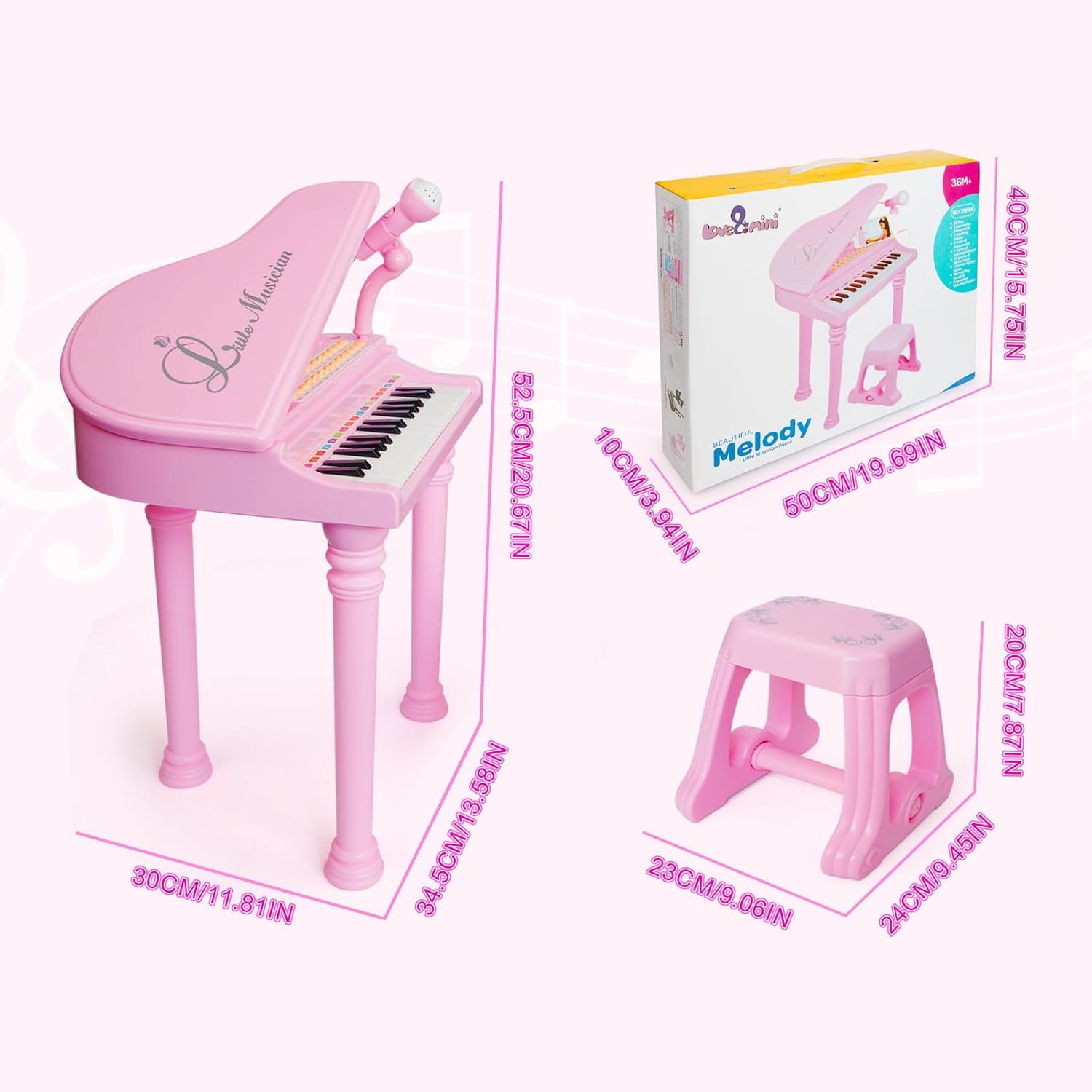 Love&Mini Piano Keyboard Toys for Girls - 31 Keys Kids Toy Piano with Microphone and Stool for Toddler Music Toy for 3+ Years Old Girls Birthday Gift