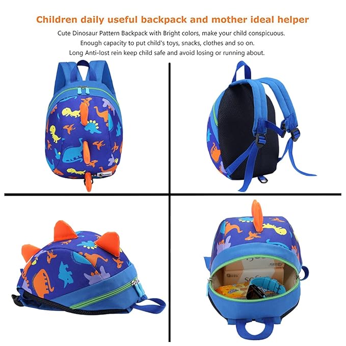 DB Dinosaur Toddler Mini Backpack with Leash, Children Kids Baby Harness Bookbag (Deep Blue)