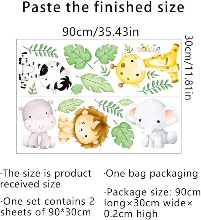 Watercolor Animal Wall Decals Giraffe Elephant Lion Hippo Zebra Wall Stickers Removable Cartoon Animal Wall Decals Decor for Baby Nursery Playroom Bedroom Classroom Kindergarten
