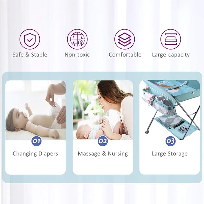 Baby Changing Table Portable Folding Diaper Changing Station with Wheels, Adjustable Height Mobile Nursery Organizer with Safety Belt and Large Storage Racks for Newborn Baby and Infant, Green