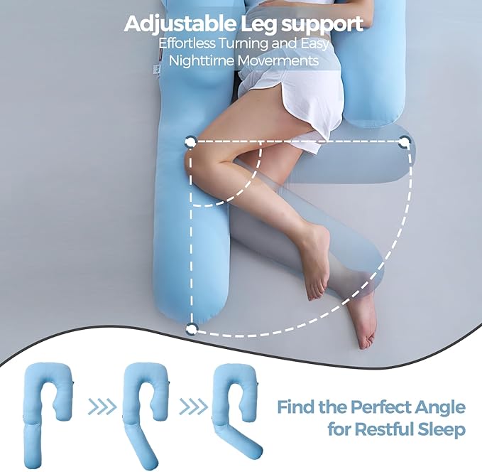Momcozy Pregnancy Pillow with Cooling Cover, Dreamlign U Pro Maternity Pillow with Adjustable Leg Pillow - Support for Back, HIPS, Belly, Legs for Pregnant Women, 50-72 Inch, Bule