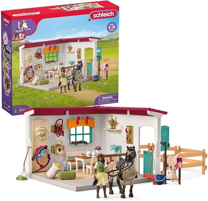 Schleich Horse Club - 85 PC Tack Room Stable Extension Toy Playset with Rider Sarah Action Figure, Horse Figurine and Accessories for Girls and Boys - Interactive, Realistic Kids Toys Ages 5+ | 42591