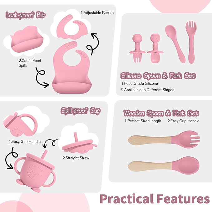 Baby Led Weaning Supplies, 17 Piece BPA-Free Silicone Feeding Set, Eating Essentials Baby Utensils with Suction Plate and Bowl, Pocket Bib, Sippy Cup with Lid, for 6+ Months, Pink